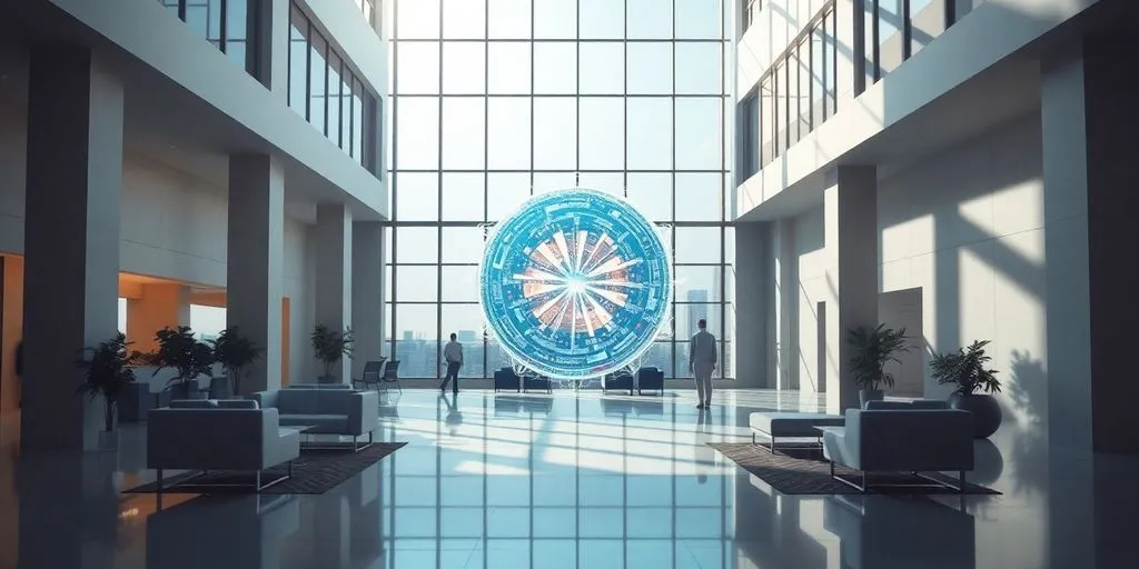 Modern commercial building interior with digital interface.